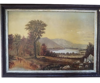 19th c HUDSON RIVER SCHOOL LANDSCAPE WITH GRAZING COWS
