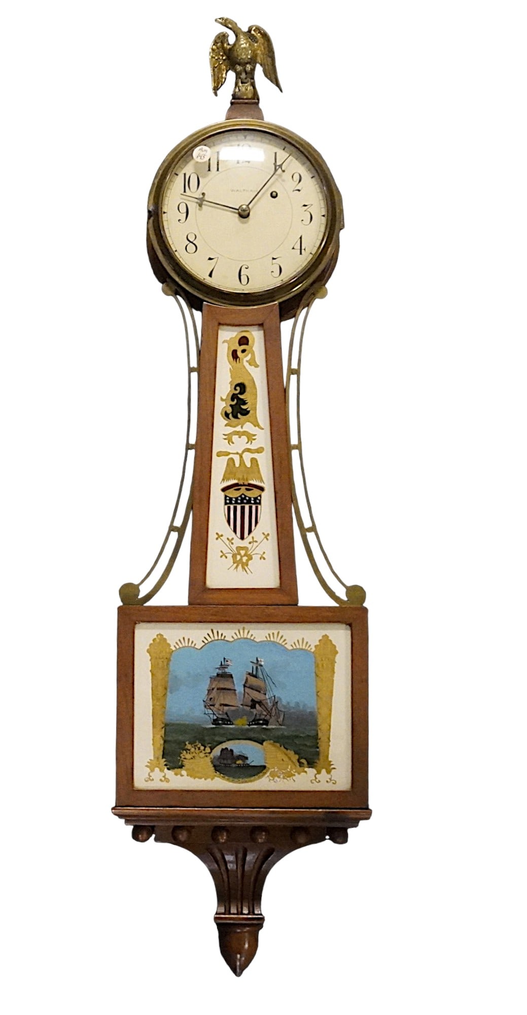 WALTHAM BANJO CLOCK EGLOMISE MARITIME GLASS: Waltham Banjo Clock with Maritime Naval Battle Eglomise. Flanked by brass arms above a shaped, with Eagle finial, No key. Measures 39"x5"x10" wide weight 22 lbs. PROVENANCE: The Estate of Dr. Fraser W