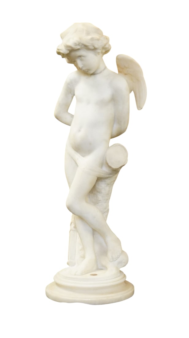 DENISE DELAVIGNE CARRERA MARBLE CUPID SCULPTURE: Denise Delavigne late 19th c Carrera Marble Sculpture "Les Liens De L'Amour", standing cupid bound to a tree trunk, raised on an integral stepped circular base. Inscribed on base: Delavigne. Neck has