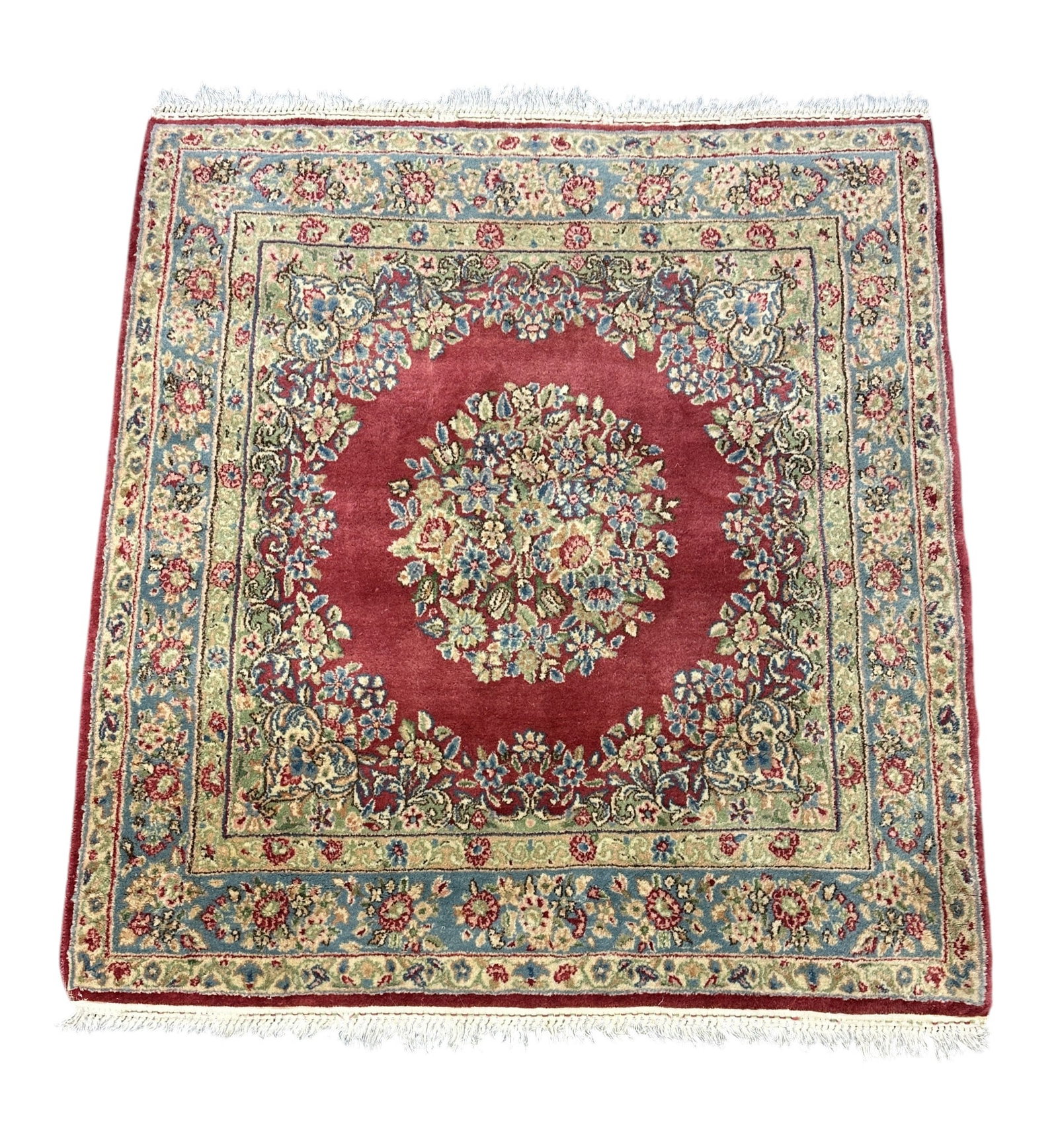 HAND KNOTTED PERSIAN KERMAN RUG 4 FT: Vintage c. 1940-50 Hand Knotted Persian Kerman Small Area Rug. Measures 46" x 50" Provenance: A Washington DC Private Estate **In house shipping available on this lot** If you win this lot, please sel