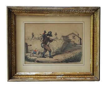 19TH C HAND COLORED ETCHING MUSICIAN WITH DOGS & MONKEY
