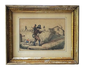 19TH C HAND COLORED ETCHING MUSICIAN WITH DOGS & MONKEY