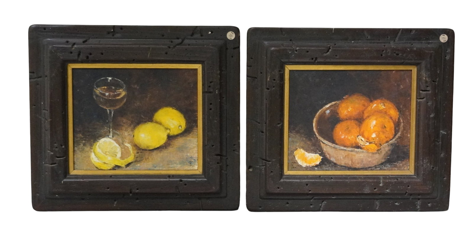 PAIR MID CENTURY OIL ON CANVAS STILL LIVES HENRIKSEN: Pair of Mid Century Oil on Canvas Still Lives attributed to Jean Henriksen (1925-2009). Lemons with a glass of wine. A bowl of oranges on a table. Both in very unusual antique wood custom frames with