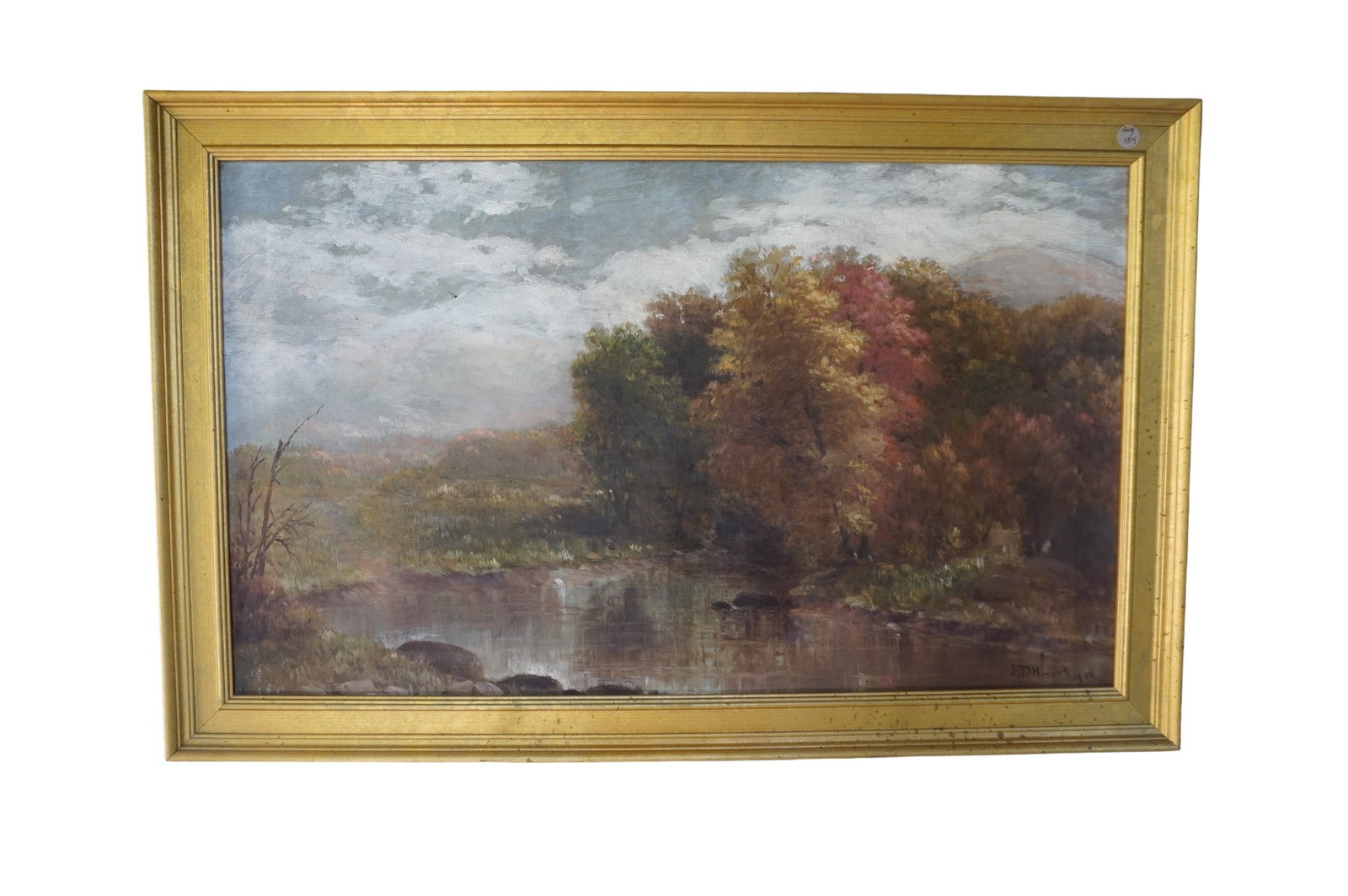 HUDSON RIVER SCHOOL 1900 LANDSCAPE OIL ED HOWARD: Hudson River School Oil on Canvas Autumn Landscape. Signed ED Howard and dated 1900. In gilt wood frame. Provenance: Gippy Plantation, Avenue of Oaks, Berkeley County, SC. In frame measures 21 1/2"x34