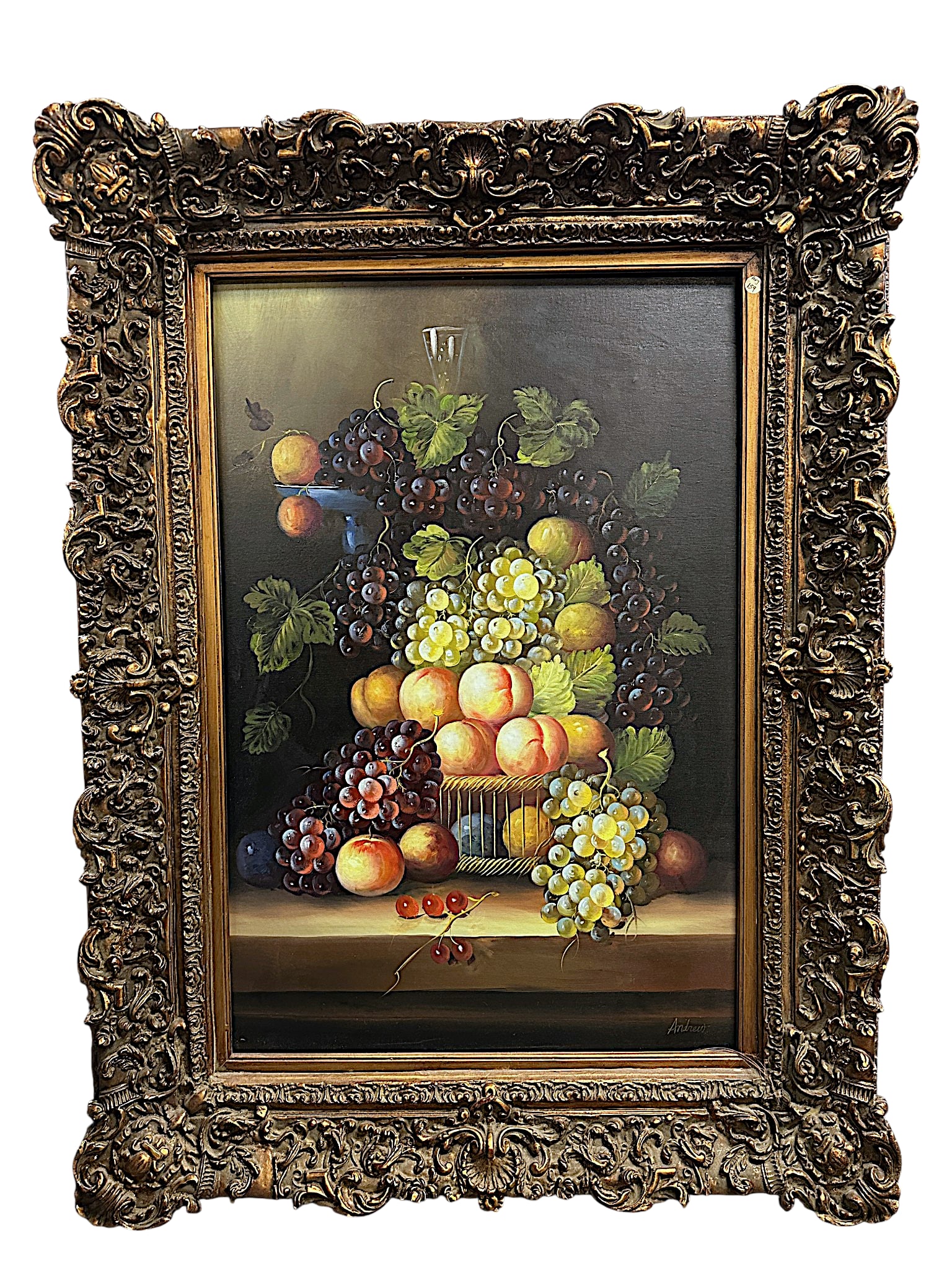 LARGE STILL LIFE GICLEE IN DEEPLY CARVED ORNATE FRAME: Large Still Life Fruit Giclee in Incredible Ornate, Heavily Carved Giltwood Frame. In frame measures 36 1/4"x48 1/2"x4". Weight 35 lbs **In house shipping available on this lot** If you win this lot,