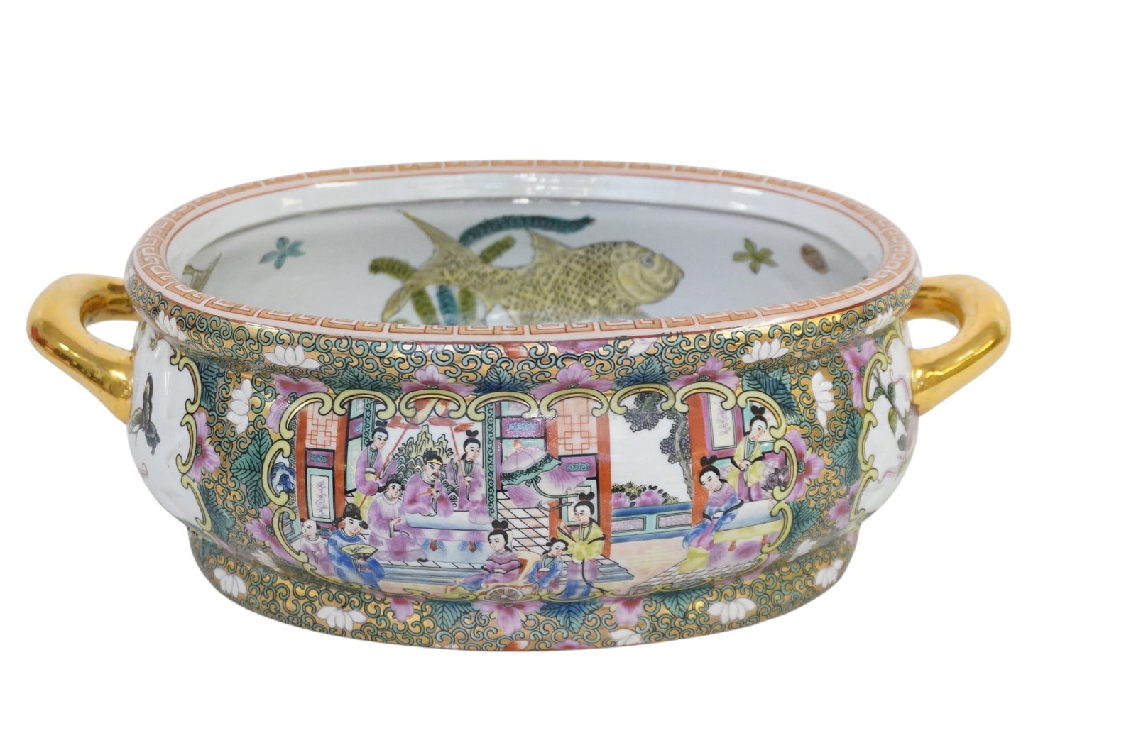 CHINESE ROSE MEDALLION PORCELAIN FOOT BATH: Vintage Chinese Rose Medallion Porcelain Footbath / Centerpiece. Featuring vibrant imperial court scenes and a koi fish motif inside. Measures 17 1/2"x10 1/4"x6". Weight 10 lbs. Provenance: A East