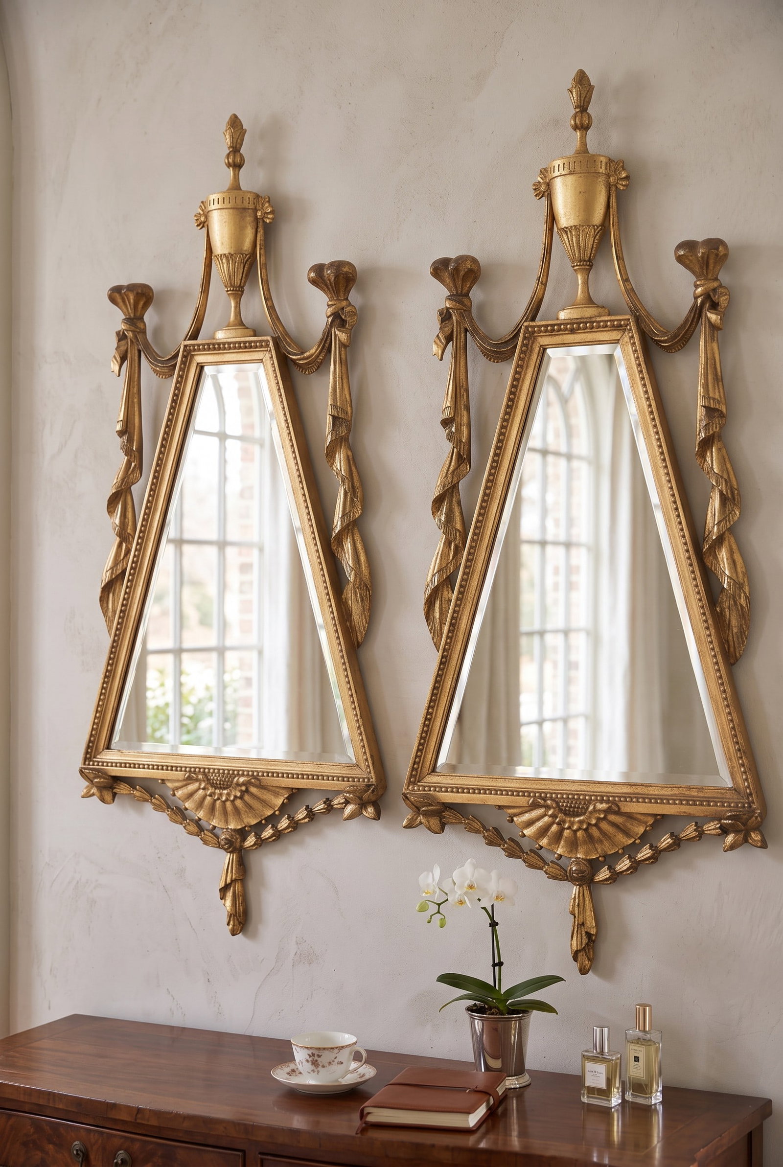 MATCHED PAIR OF CARVED ITALIAN TRIANGULAR MIRRORS: Matched Pair of 19th c Unique Italian Carved Giltwood Triangular Mirrors c. 1830-40. Purchased at Golden and Associates, Antiques, Charleston SC. Each measures 43"x20 1/2"x3". Weight combined 20 lbs.