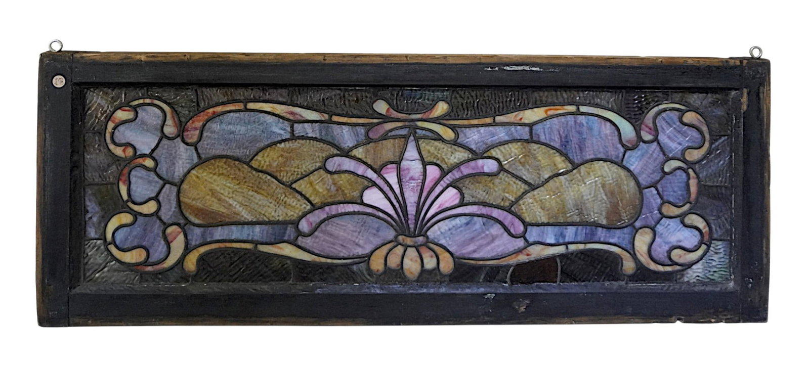ANTIQUE ART NOUVEAU LEADED STAINED GLASS WINDOW 47": Art Nouveau c. 1900 Leaded Stained Glass Window. Provenance: Gippy Plantation, Avenue of Oaks, Berkeley County, SC. Measures 47"x18"x2 1/4" Weight 20 lbs **In house shipping available on this lot**