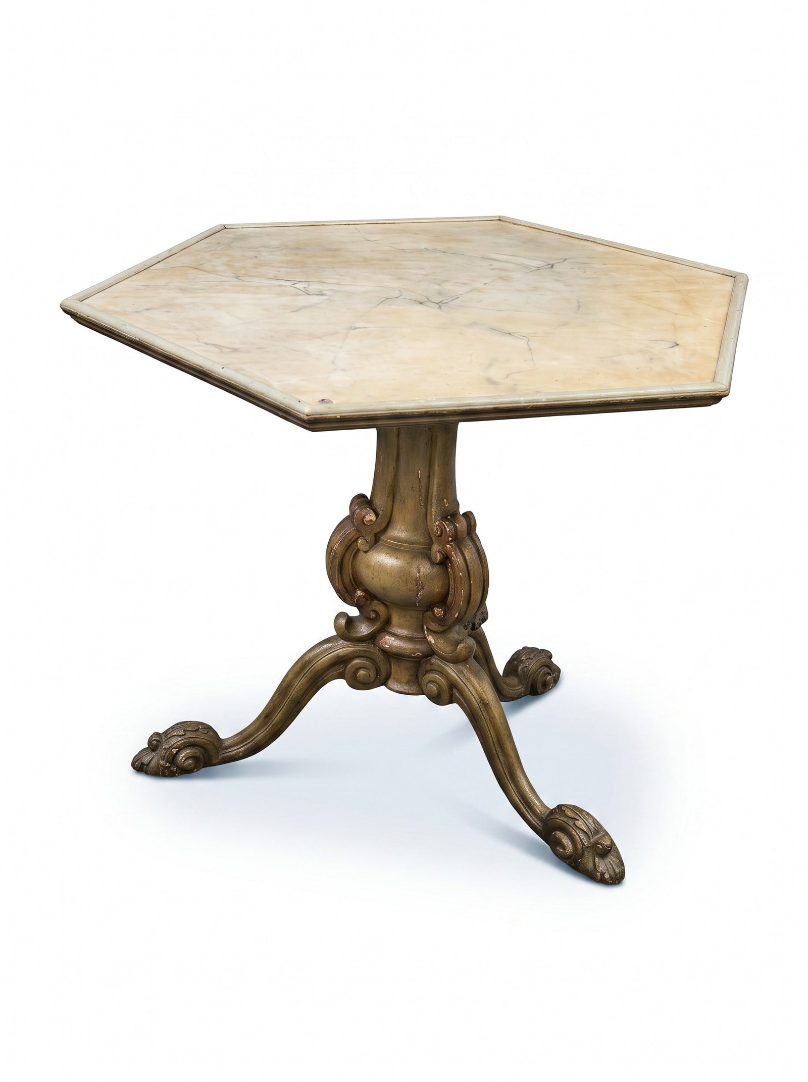 18th c IRISH REGENCY TABLE WITH FAUX MARBLE TOP: Antique 18th Century Irish Regency Hand Carved Giltwood Table with Scrolled Feet and a Faux Marble Top. Purchased at David Skinner Antiques, Charleston. Measures 37 1/2"x32 1/2"x29 1/2" tall.
