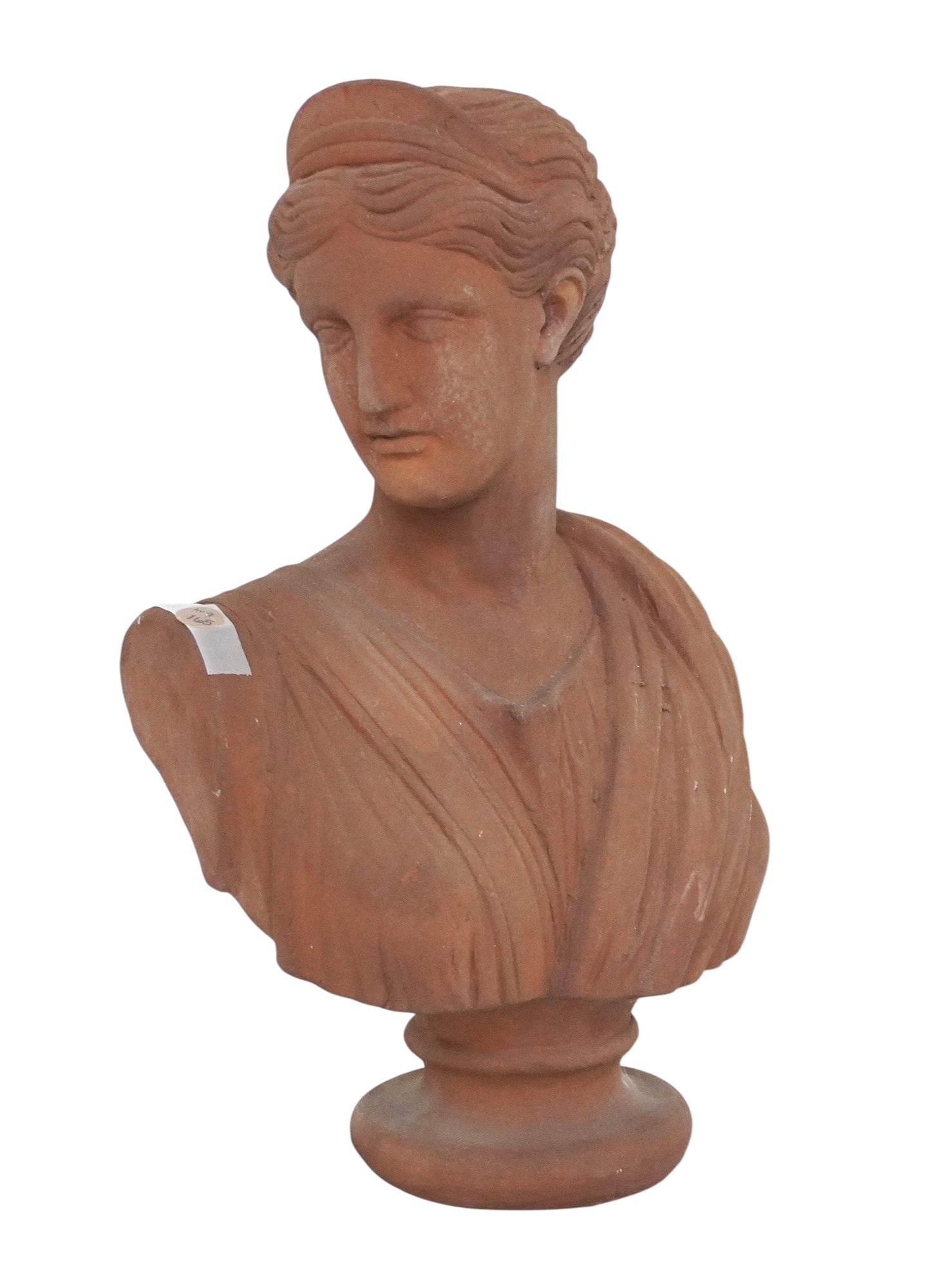 VINTAGE ITALIAN TERRACOTTA BUST OF ARTEMIS: Vintage Italian Terracotta Bust of Artemis (the Goddess Diana). Provenance: Gippy Plantation, Avenue of Oaks, Berkeley County, SC. Measures 11"x7"x18" Weight 18 lbs **In house shipping available on