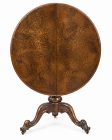 ENGLISH VICTORIAN BURR WALNUT TILT-TOP LOO TABLE, 19th CENTURY