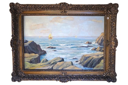 OIL ON CANVAS ROCKY COASTAL SCENE WITH SAILBOATS