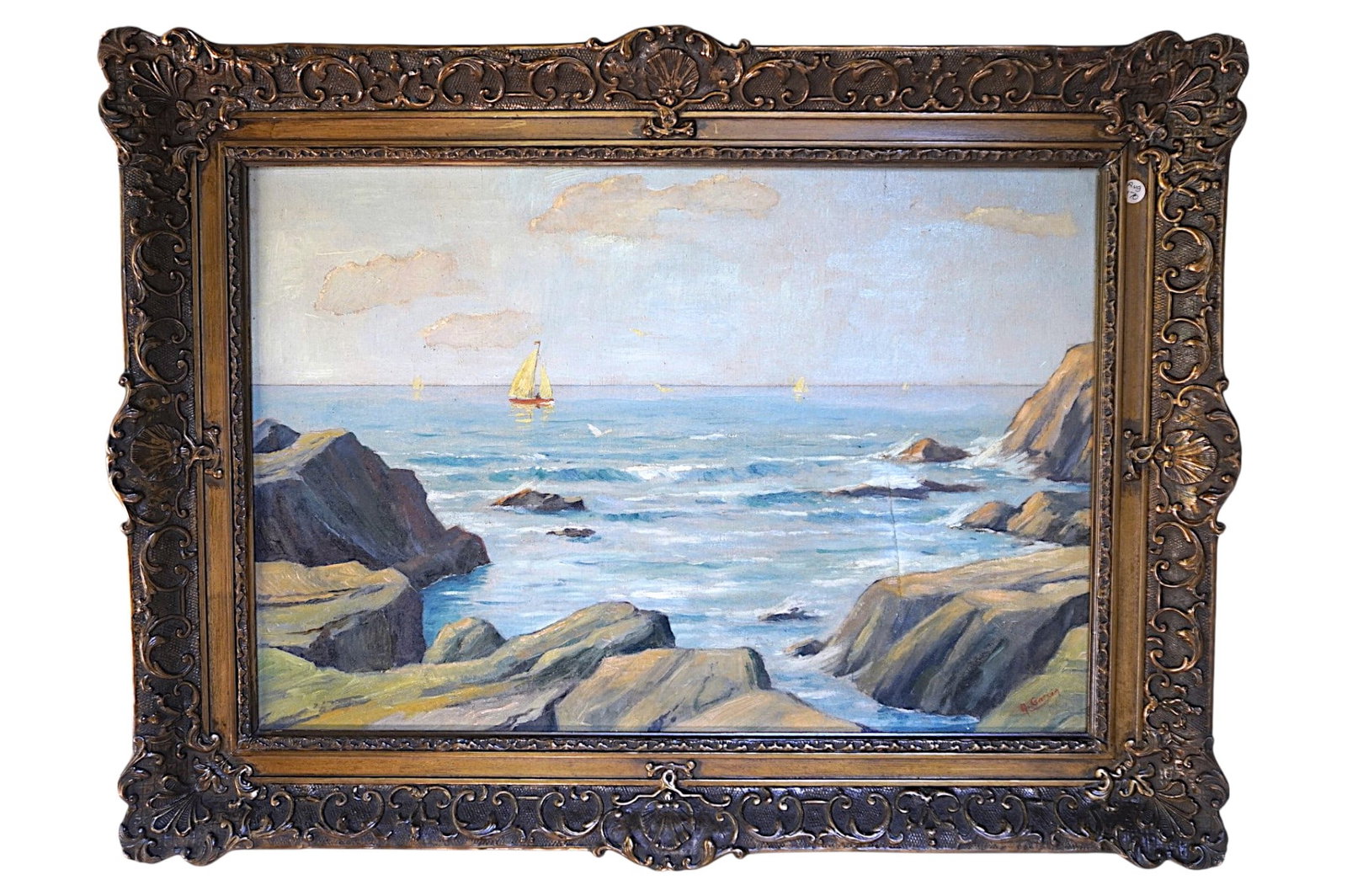 OIL ON CANVAS ROCKY COASTAL SCENE WITH SAILBOATS: Vintage mid century Oil on Canvas Rocky Coastal Scene with Sailboats, New England, signed A. Gaskin. In ornate carved giltwood frame. In frame measures 36"x28"x3". Patched on back. Provenance: Gippy