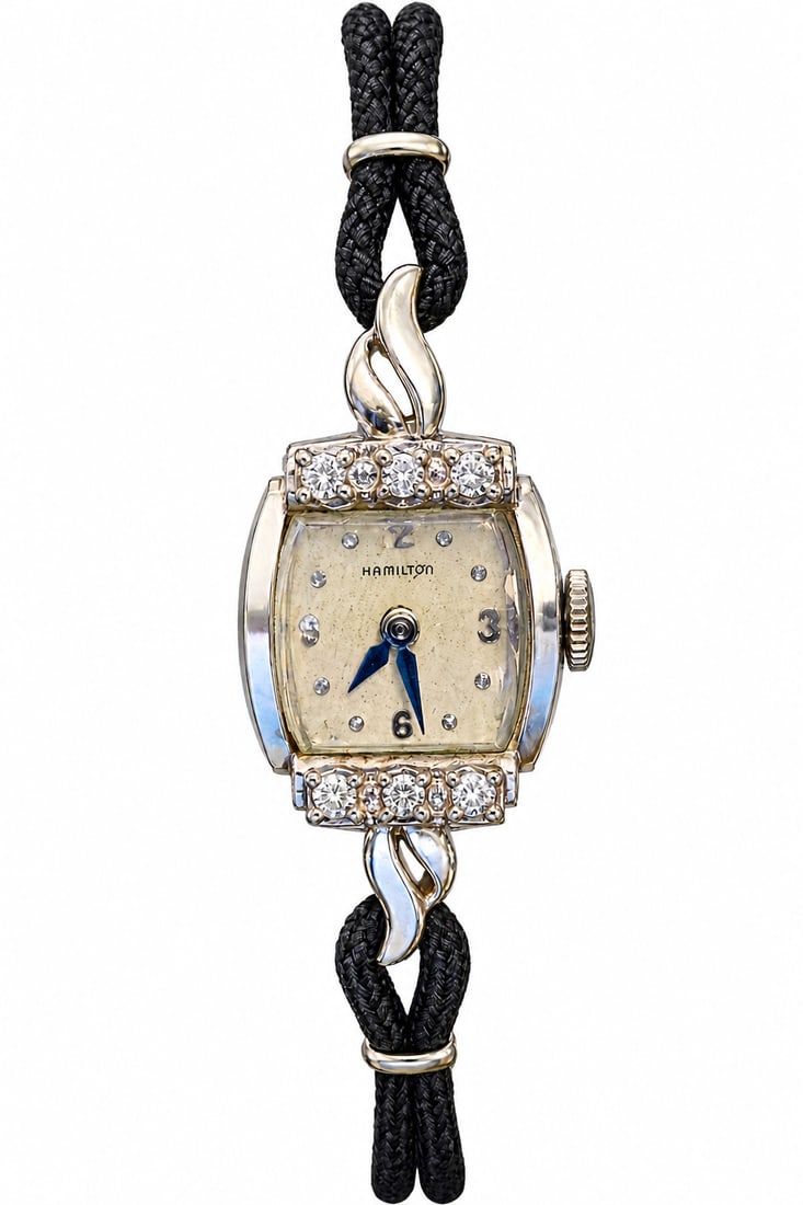 LADIES 14k & DIAMOND HAMILTON COCKTAIL WATCH: Vintage Ladies 14k White Gold & Diamond Cocktail Watch. Case marked 14K. Excellent condition, runs well and keeps perfect time.Black silk cord band with safety clasp. Watch face measures approx.