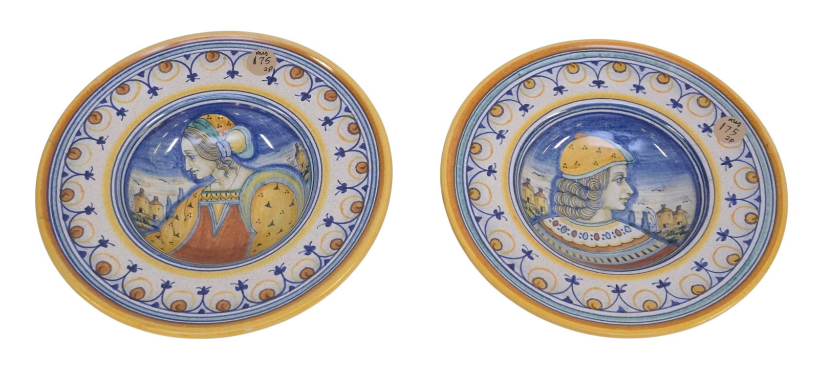 2 HAND PAINTED DERUTA ITALY PORTRAIT PLATES: Pair of Vintage Hand Painted Italian Deruta Portrait Plates signed and with artists initials. Each 8 1/2"x8 1/2"x1 3/4" Weight 2 lbs 5 oz **In house shipping available on this lot** If you win this