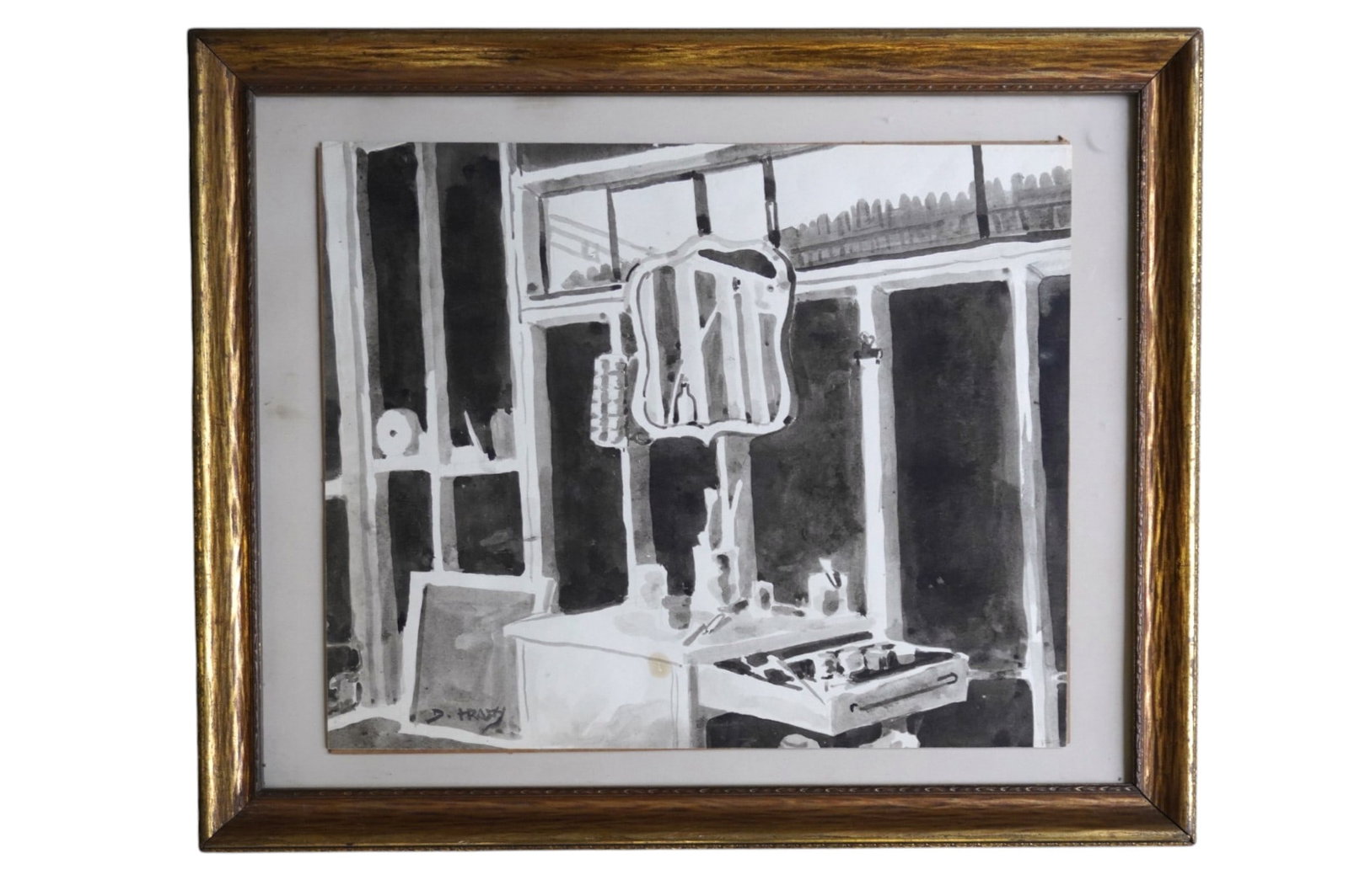 DOX THRASH (1893-1965) STUDIO INTERIOR INK WASH ON PAPER: Dox Thrash (1893-1965) Ink Wash on Paper, Studio Interior. In frame measures 18 1/2:x22 1/2"x1 1/4:, Weight 5 lbs 6 oz **In house shipping available on this lot** If you win this lot, please select se