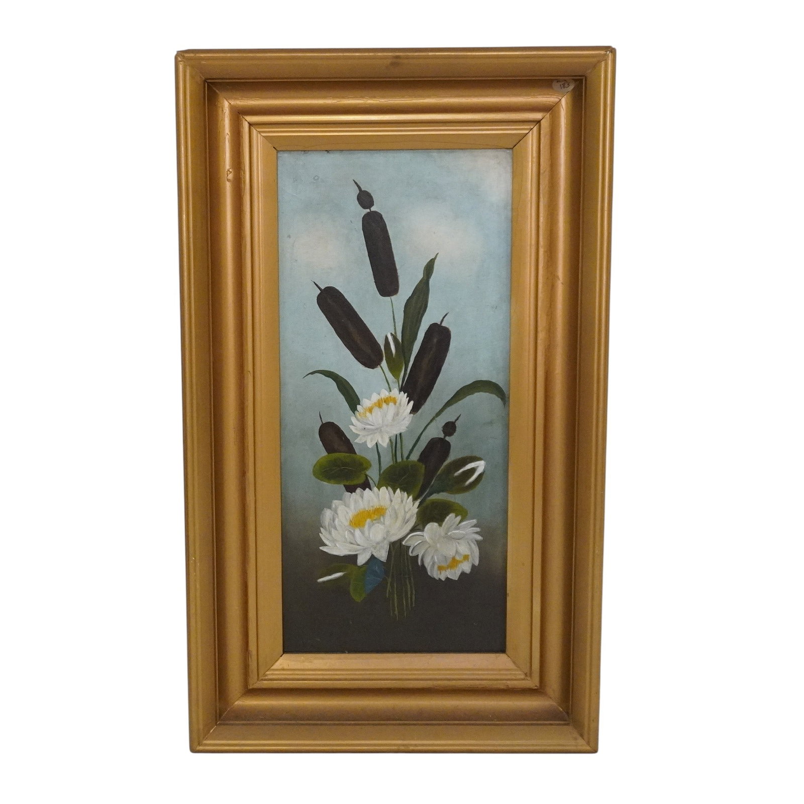 VINTAGE CATTAILS & WATER LILIES OIL PAINTING: Vintage Cattails and Water Lilies Oil Painting. Unsigned. In Gilt Frame. Measures approx. 14.5" x 24.5" x 2" and weighs 5 lbs. **In house shipping available on this lot** If you win this lot, please s