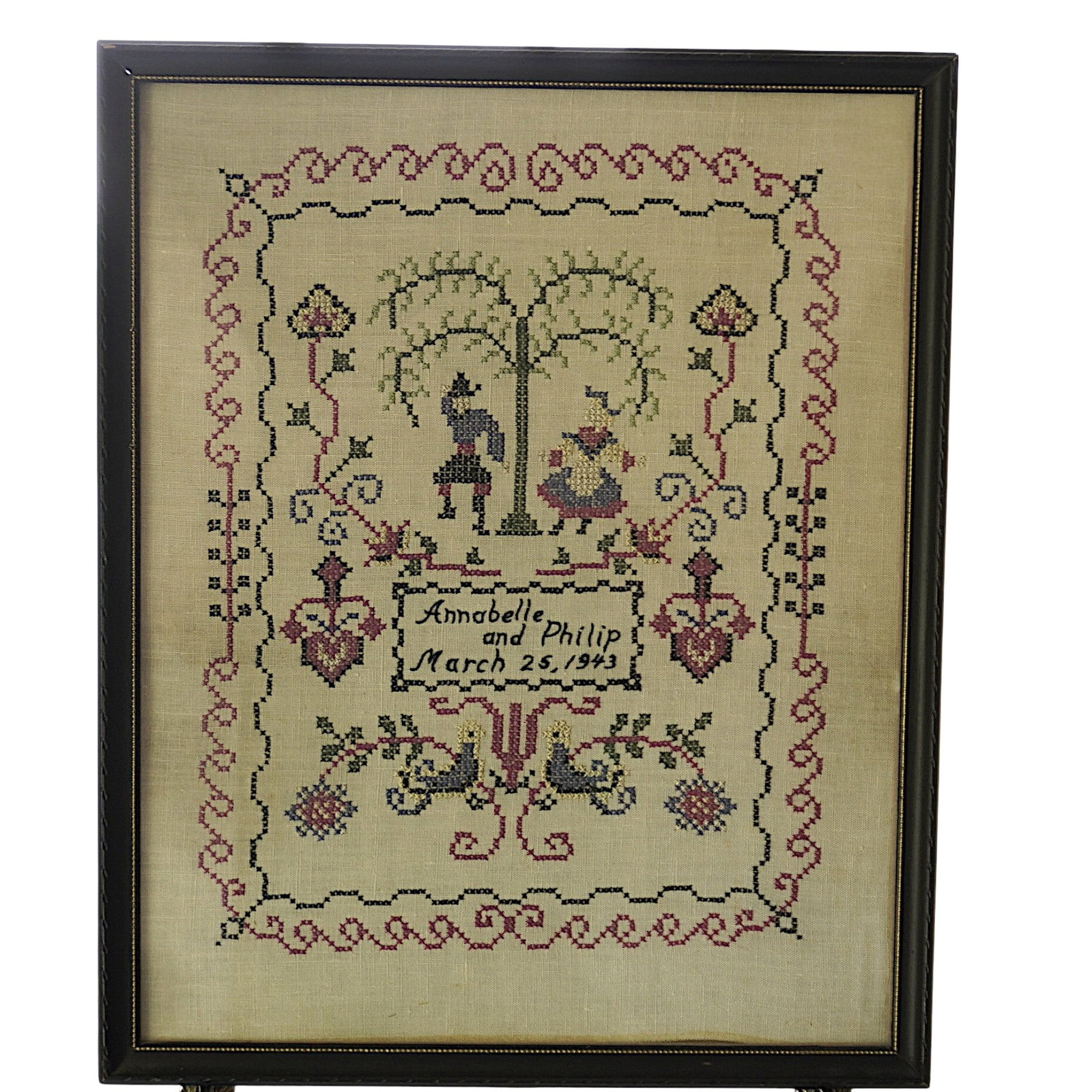 VINTAGE 1943 CROSS STITCH SAMPLER WEDDING - ANNIVERSARY: Vintage 1943 Cross Stitch Sampler "Annabelle and Philip", commemorating a wedding or anniversary. In frame measures 21 1/4"x17 1/4"x1". Weight 3 lbs 3 oz. Provenance: A Washington DC Private Estate **