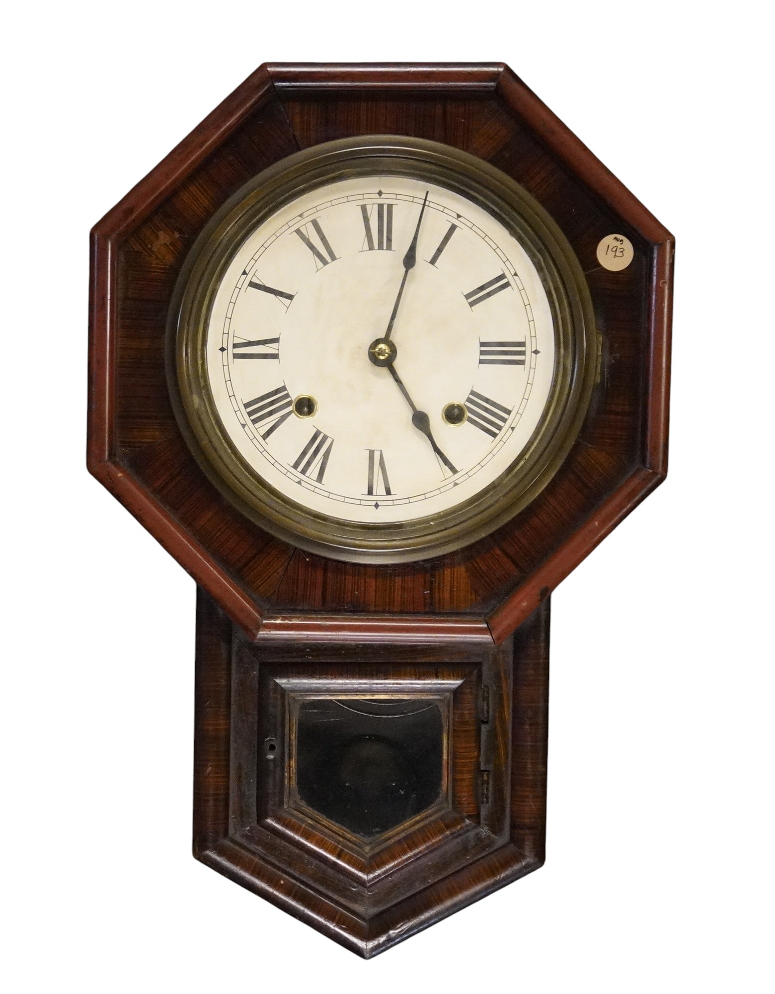 EARLY JAPANESE OCTAGON DROP SCHOOL WALL CLOCK c. 1910: Early Japanese Schoolhouse Rosewood Octagon Drop Regulator Wall Clock with key and pendulum c 1910-1920. Measures 19"x12"x4 1/2". Weight 6 lbs 8 oz. **In house shipping available on this lot** If you 