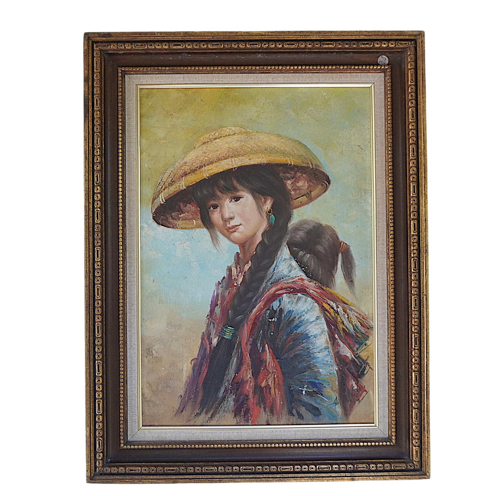 VINTAGE MID CENTURY ASIAN MOTHER & CHILD OIL ON CANVAS: Mid Century Oil on Canvas Asian Mother & Child. Signature illegible. In frame measures 31 1/2"x24 1/2"x2". Weight 7 lbs. **In house shipping available on this lot** If you win this lot, please select 