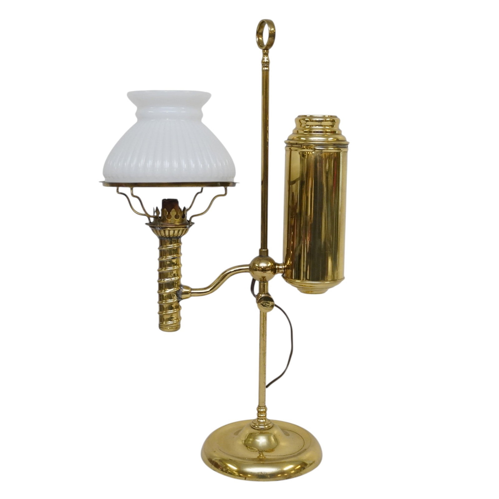 19TH C. BRASS LIBRARY LAMP WITH MILK GLASS SHADE (1 of 2)