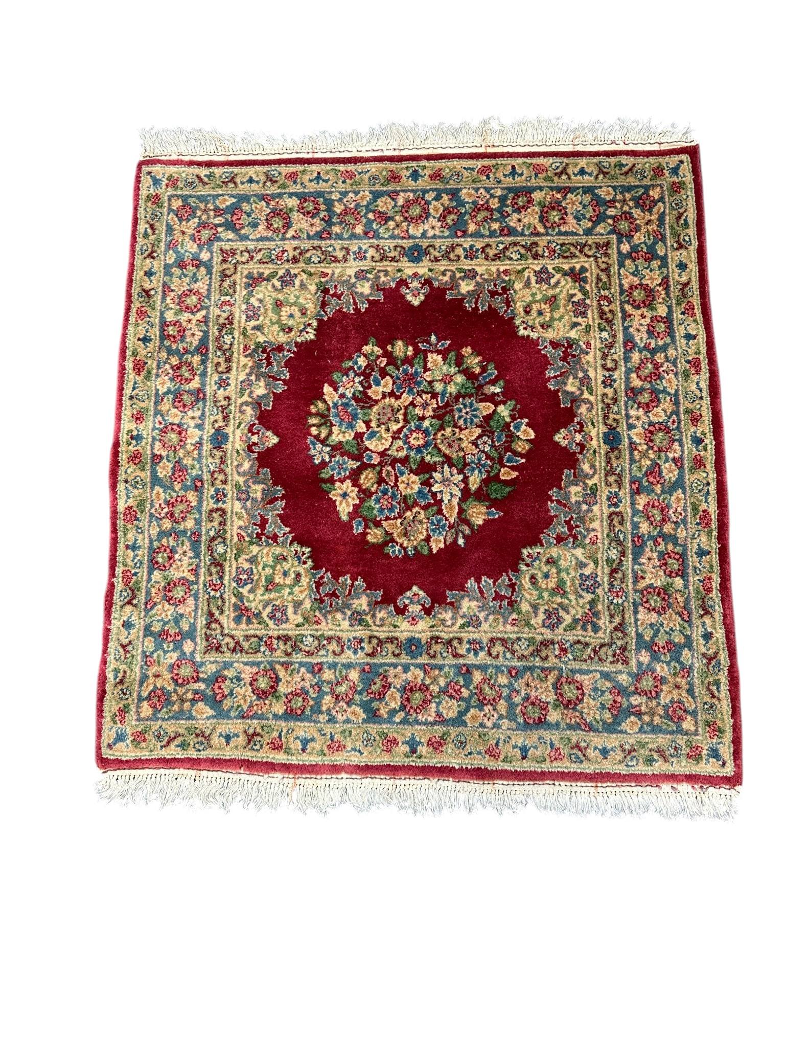VINTAGE PERSIAN KERMAN RUG: Vintage Persian Kerman Rug in Rose, Green and Blues Measures 36" x 38" Provenance: A Washington DC Private Estate **In house shipping available on this lot** If you win this lot, please select self