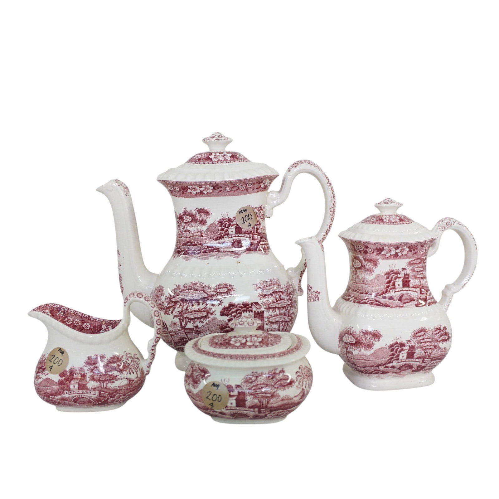 VINTAGE COPELAND SPODE "SPODE'S TOWER" ENGLAND PORCELAIN TEA AND COFFEE SET: Vintage Copeland Spode "Spode's Tower" England Transferware Tea and Coffee Set. Includes Coffee Pot, Tea Pot, Creamer, and Sugar. Largest is coffee pot which measures approx. 8" x 8" x 4" and total lo
