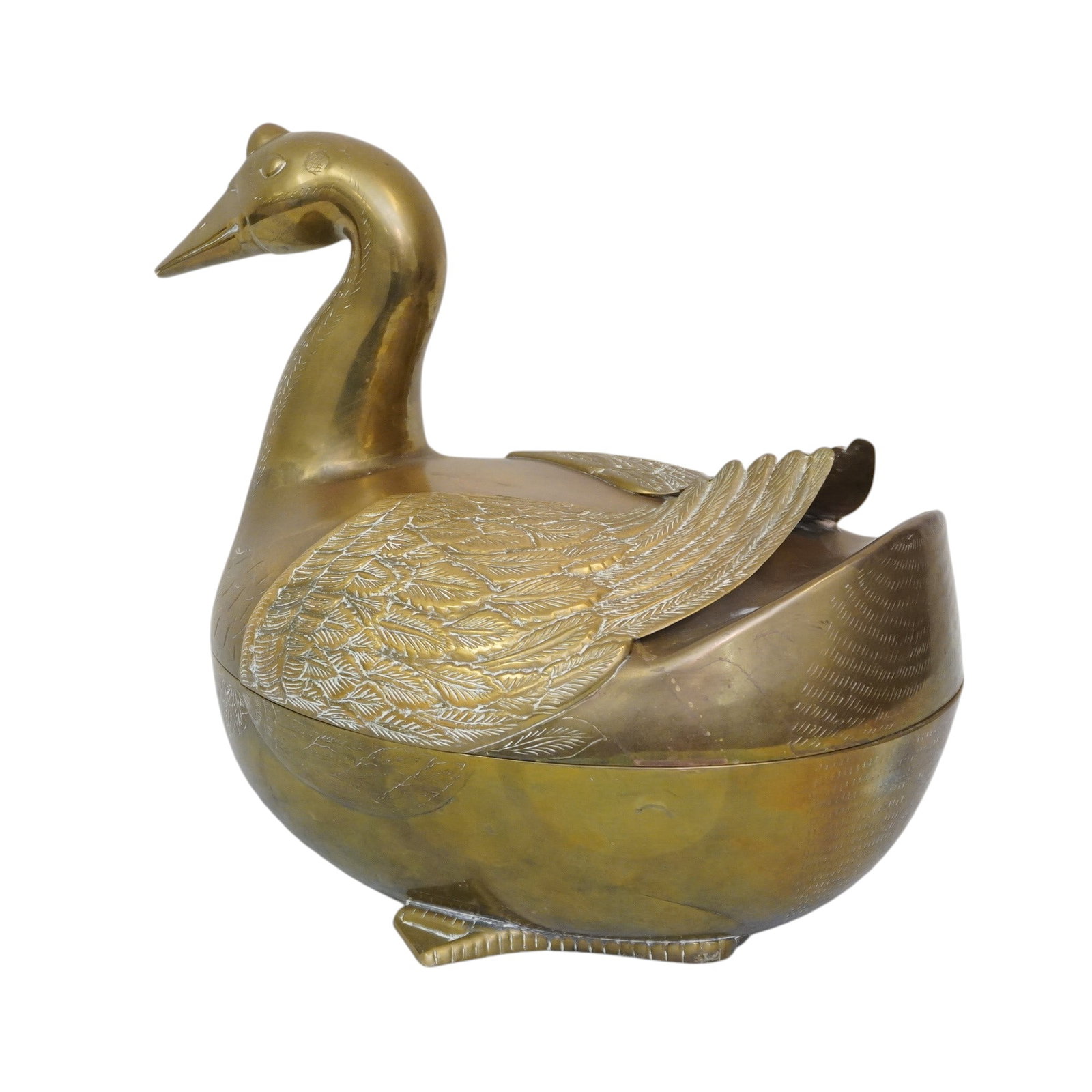 MID CENTURY LARGE SOLID BRASS LIDDED DUCK BOX - 5