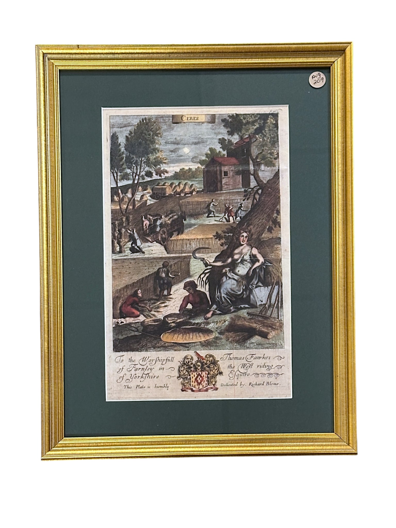 18th c HAND COLORED COPPER PLATE ENGRAVING "CERES": Antique 18th c Hand Colored Copper Plate Engraving "Ceres" from Richard Blome's publication The Gentleman's Recreation c. originally produced 1686-1710. Provenance: Gippy Plantation, Avenue of Oaks, B