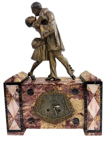FRENCH ART DECO PIERROT AND COLUMBINE FIGURAL MANTEL CLOCK