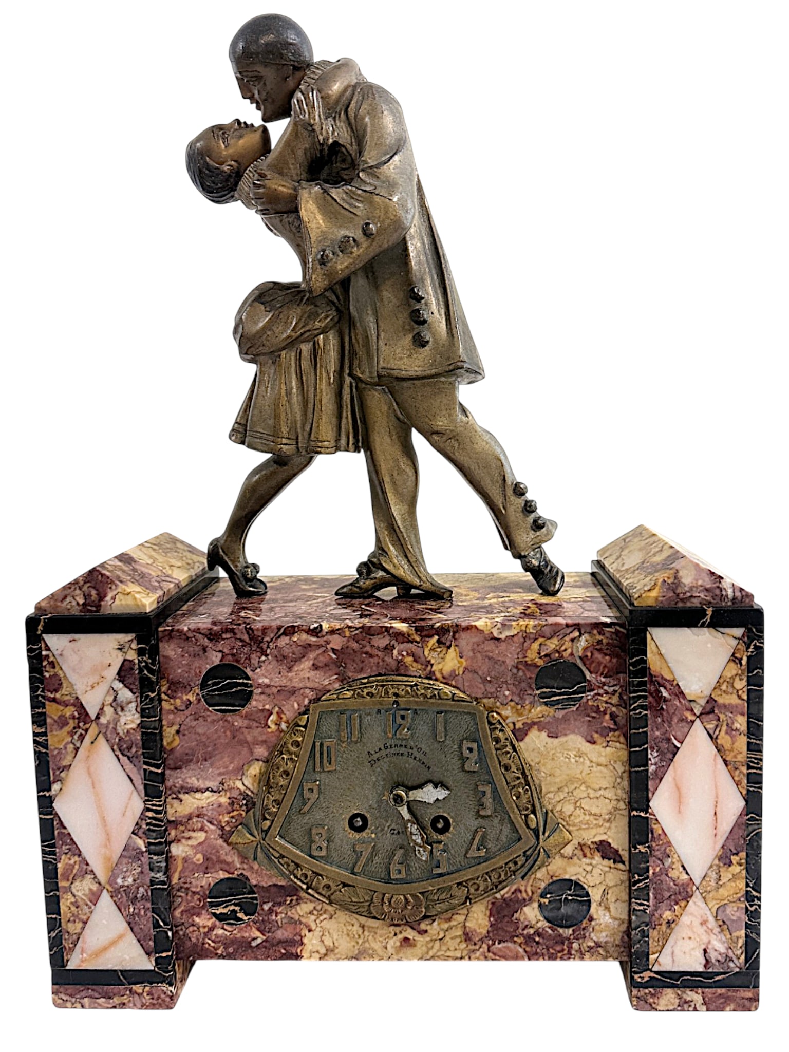 FRENCH ART DECO PIERROT AND COLUMBINE FIGURAL MANTEL CLOCK: Stunning large French Art Deco figural mantel clock with marble base featuring the iconic Commedia dell'arte lovers Pierrette (or Columbine), circa 1927. Measures 18.5" tall x 13" wide x 4.25" deep.