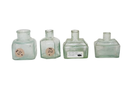 4 ANTIQUE AQUA GLASS INKWELLS