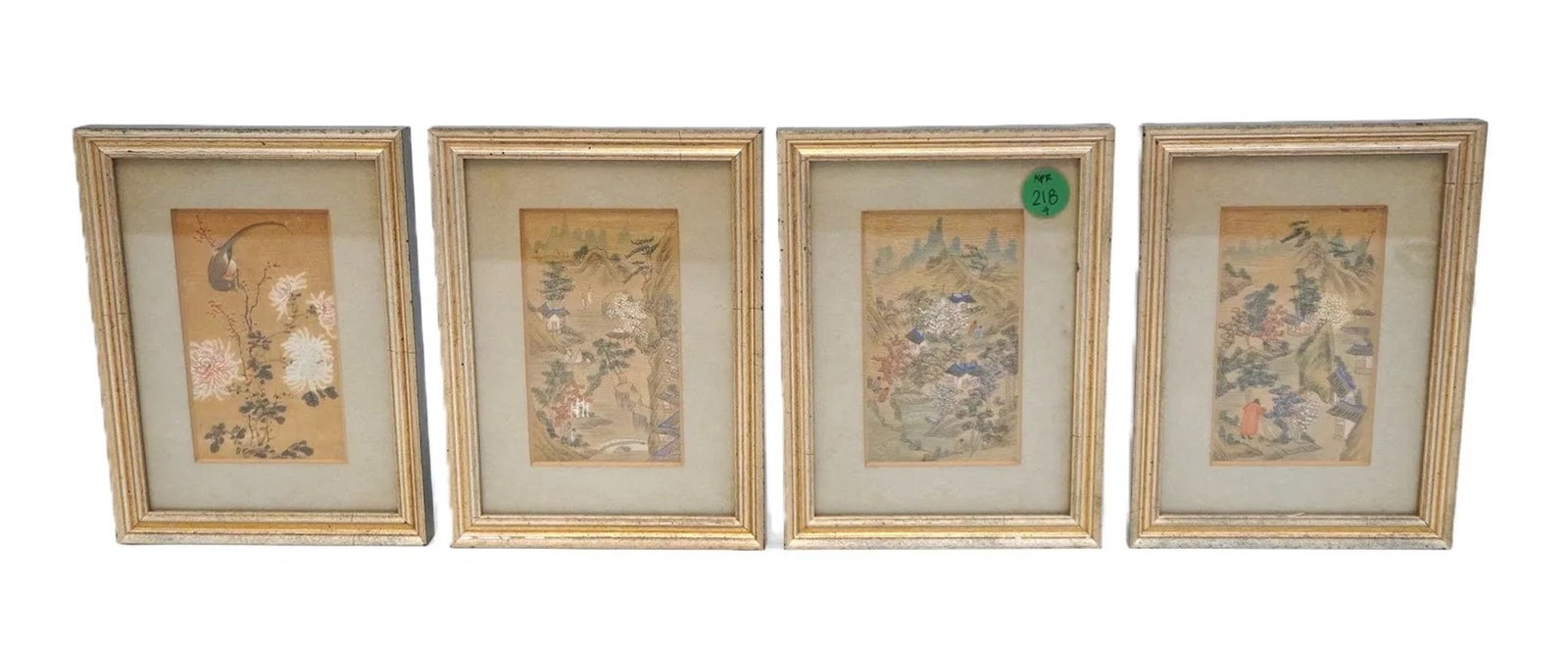 SET OF 4 FRAMED VINTAGE CHINESE PAINTINGS ON SILK: Set of 4 Vintage Chinese Silk Paintings. Each measures about 5.25" x 7" and total lot weight is 1 lb 8 oz. PROVENANCE:The Historic 1798 John Burckmeyer House, 120 Wentworth Street, Charleston SC **In 