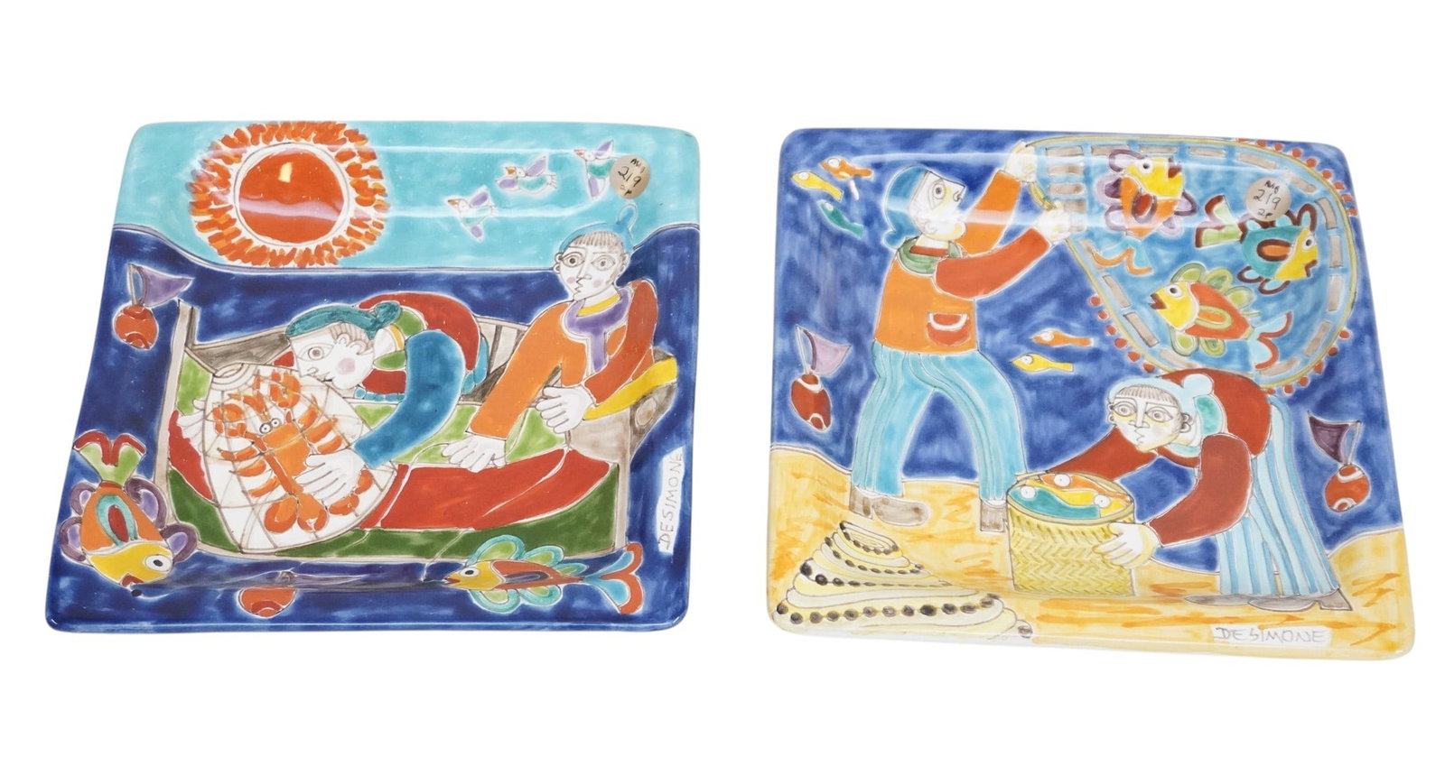 2 ITALIAN CERAMICHE DE SIMONE SQUARE HAND PAINTED BOWLS: 2 Vintage 1970 Hand Painted Ceramiche De Simone Hand Painted Square Plates / Bowls with Fishermen. . Each measure 9 1/2"x9 3/4"x1 1/2". Weight combined 5 lbs 3 oz **In house shipping available on this