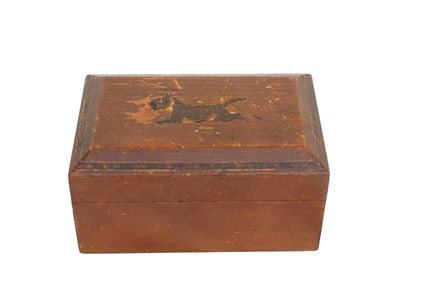 ANTIQUE SCOTTIE INLAID WOOD AND PORCELAIN TEA/TOBACCO BOX