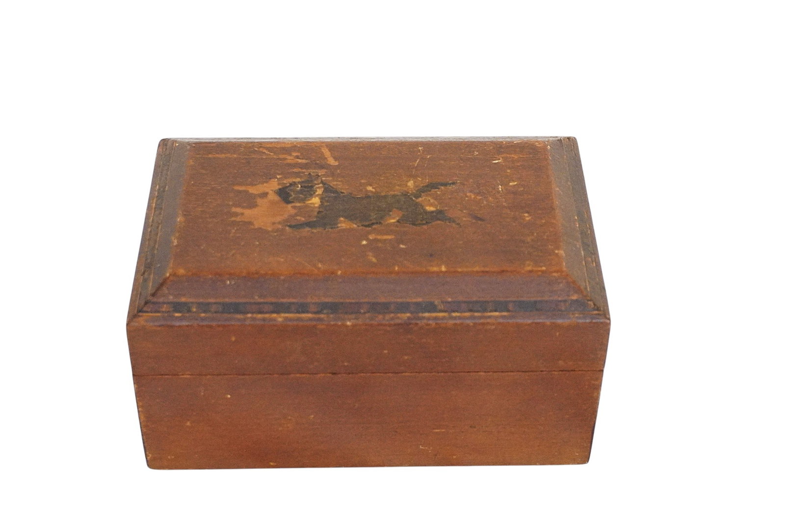 ANTIQUE SCOTTIE INLAID WOOD AND PORCELAIN TEA/TOBACCO BOX: Antique Scottie Dog Inlaid Wood and Porcelain Tea Box / Humidor. Measures approx. 6.5" x 4.25" x 3.75" and weighs 1 lb 9 oz. **In house shipping available on this lot** If you win this lot, please sel