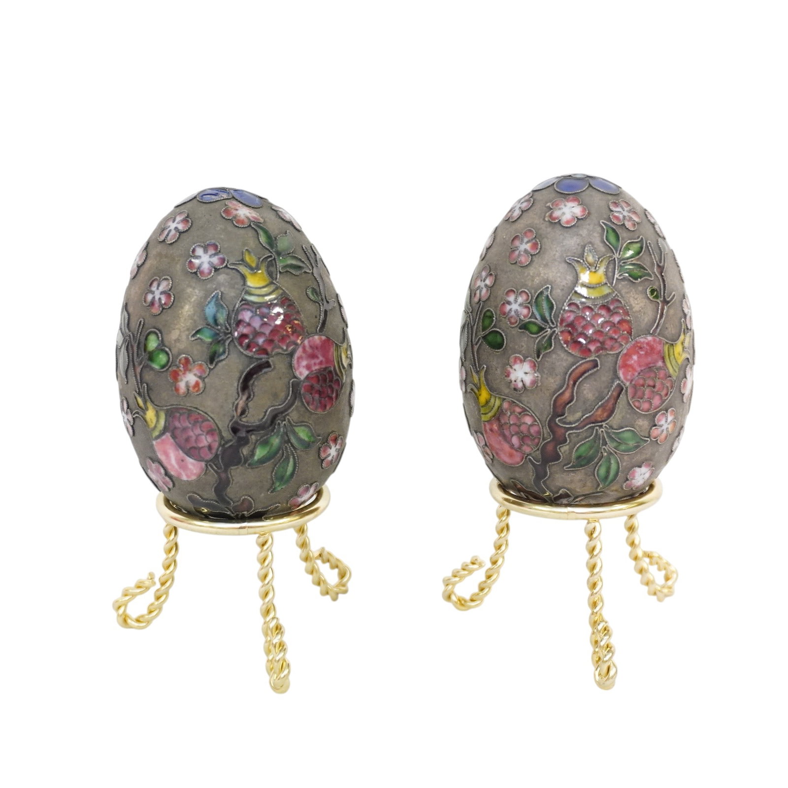 2 VINTAGE CHINESE CLOISONNE EGGS WITH STANDS: Pair of Vintage Chinese Cloisonne Eggs c. 1930-40 on stands each 5". Weight 8 oz **In house shipping available on this lot** If you win this lot, please select self arranged for in house shipping