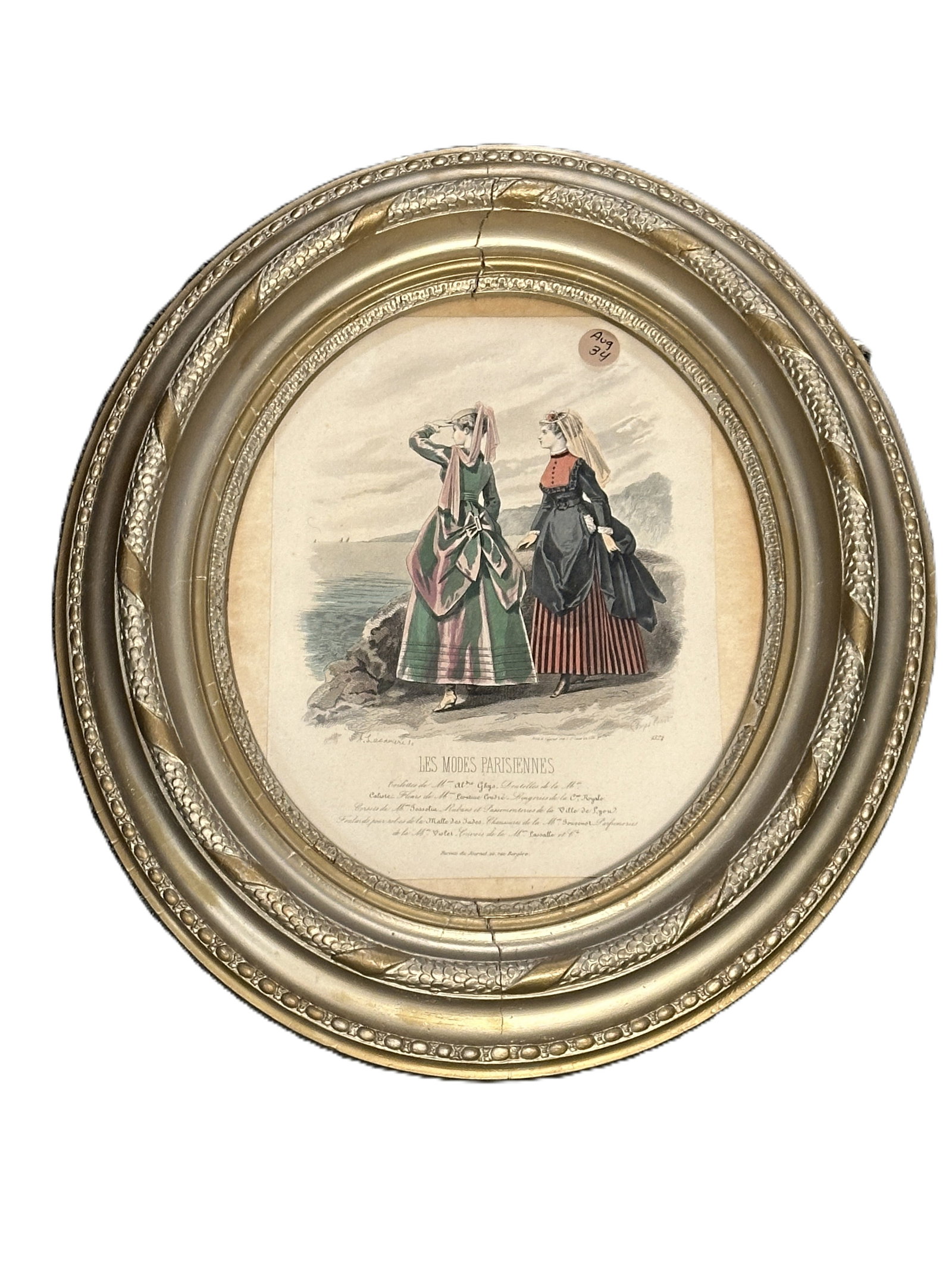 LES MODE PARISIENNES 1868 FASHION PRINT in PERIOD FRAME: Antique Les Mode Parisiennes 1868 Fashion Print in a Period Carved Giltwood and Gesso Frame. In frame measures 18"x15"x2". Weight 4 lbs Provenance: A Washington DC Private Estate **In house shipping a