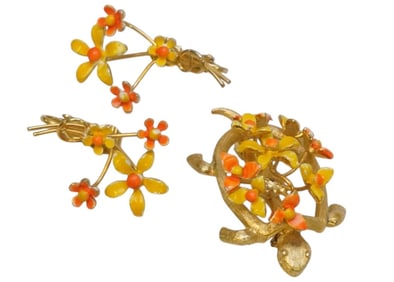 MID CENTURY RARE MARVELLA ENAMELED FLORAL TURTLE BROOCH w EARRINGS