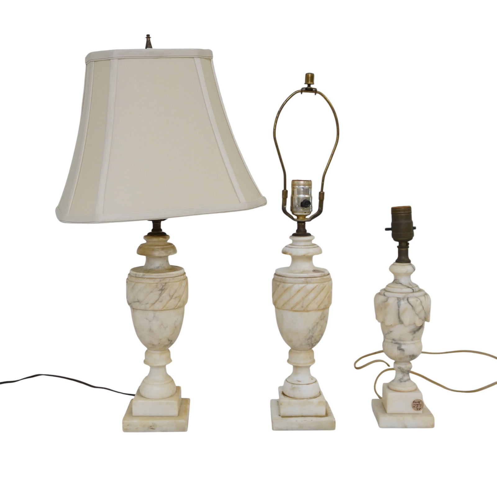 3 VINTAGE ITALIAN CARVED ALABASTER LAMPS: 3 Mid Century Italian Carved Alabaster Lamps. All 4"x4". 15" tall 15 1/2" tall and 13 3/4" tall, Weight combined 14 lbs 6 oz.**In house shipping available on this lot** If you win this lot, please