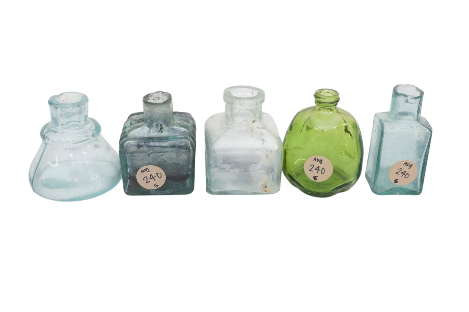 5 ANTIQUE GLASS INKWELLS: 5 Antique Glass Inkwells. Largest measures approx. 2" x 2" x 2.5" and total lot weight is 1 lb. **In house shipping available on this lot** If you win this lot, please select self arranged for in