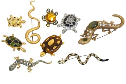 9 pc VINTAGE SNAKE, LIZARD & TURTLE BROOCHES