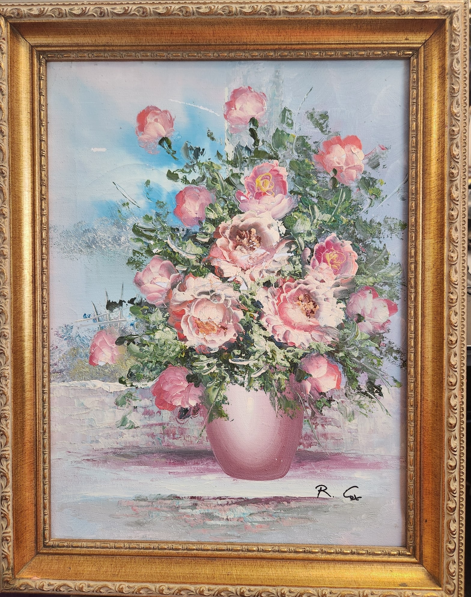 ROBERT COX (1934-2001) MID CENTURY STILL LIFE: Mid Century Still Life Oil on Canvas Still Life by Robert Cox (1934-2001). In gilt frame measures 15 1/4"x19 1/4"x1 1/2". Weight 2 lbs 5 oz. *In house shipping available on this lot** If you win this 
