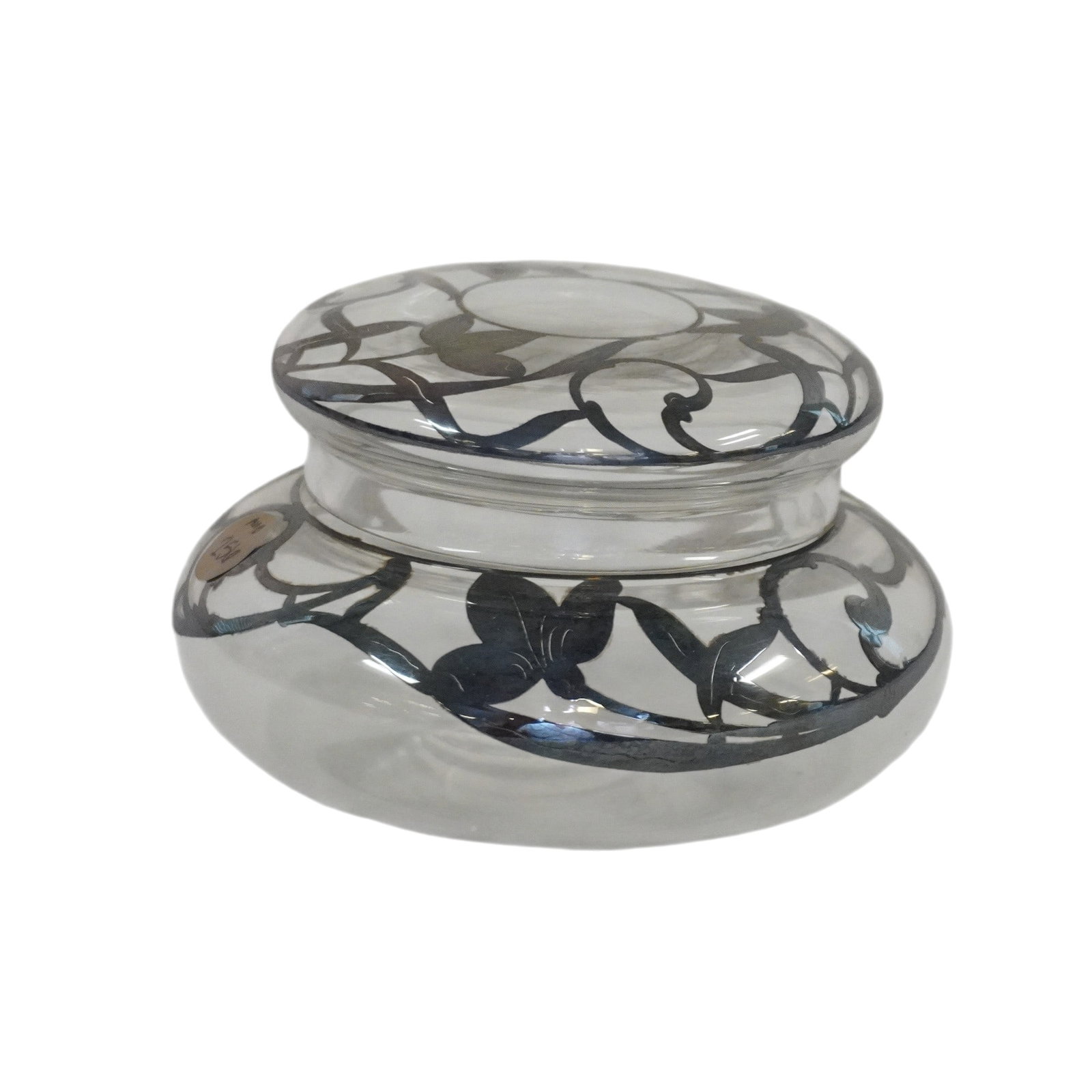 ART DECO SILVER OVERLAY GLASS COVERED BOWL: Art Deco Silver Overlay Glass Covered Bowl. Measures approx. 3" x 5.5" in dia. and weighs 1 lb **In house shipping available on this lot** If you win this lot, please select self arranged for in