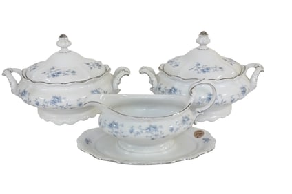 HAVILAND BLUE GARLAND 2 COVERED VEGETABLE DISHES AND GRAVY BOAT