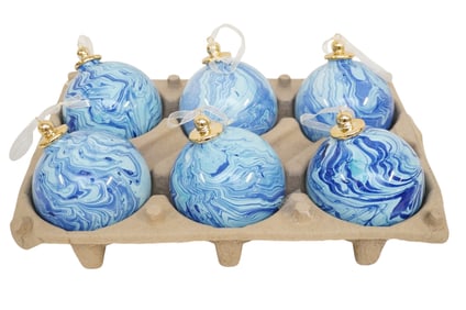 6 LARGE MARBLED BLUE GLASS ORNAMENTS