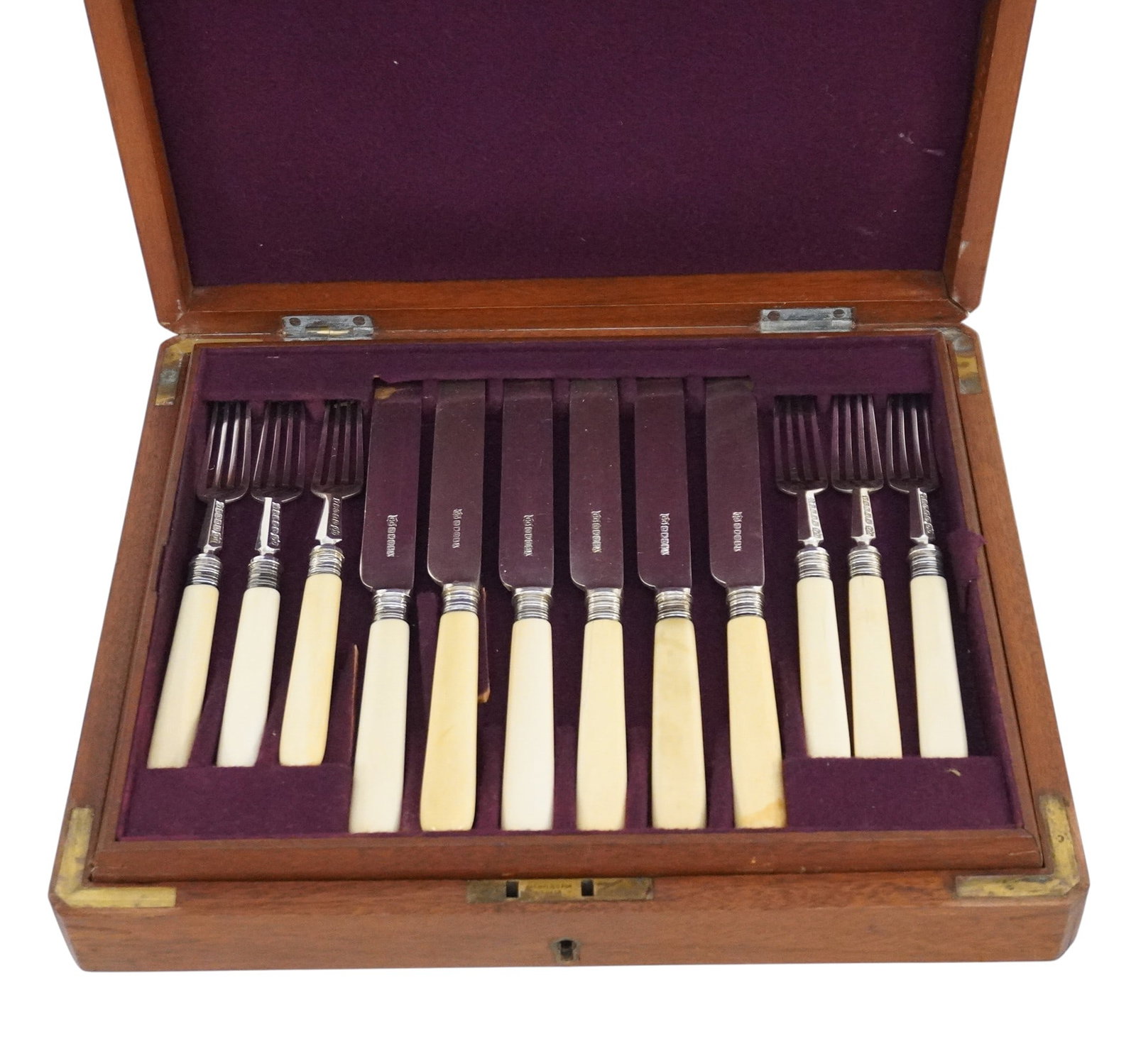 VICTORIAN SHEFFIELD DESSERT SERVICE FOR 12: Cased Set Victorian Sheffield Dessert Service for 12. Celluloid handles. Wear to wood case, missing brass plaque. Case measures 11 1/2"x10"x2 1/2". Weight 4 lbs 3 oz **In house shipping available on t