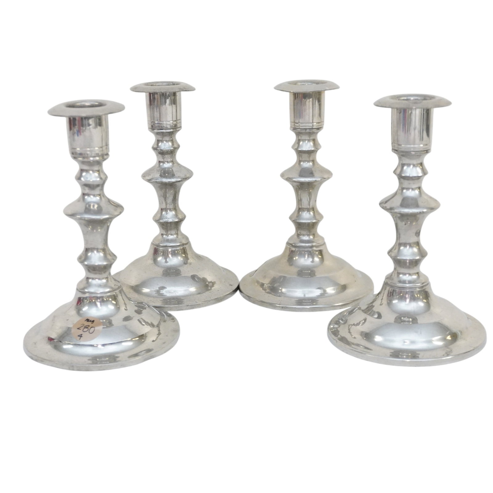4 STIEFF PEWTER CANDLESTICKS (1 of 3)