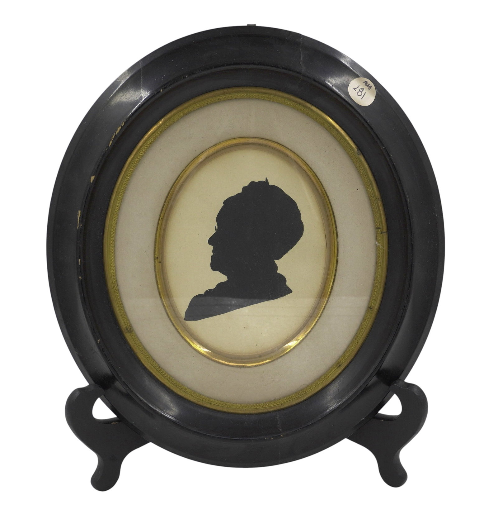 OVAL FRAMED HAND PAINTED SILHOUETTE: Oval Framed Hand Painted Silhouette. Brass and wood frame. Measures approx. 11.5" x 10.25" and weighs 15 oz.**In house shipping available on this lot** If you win this lot, please select self arranged
