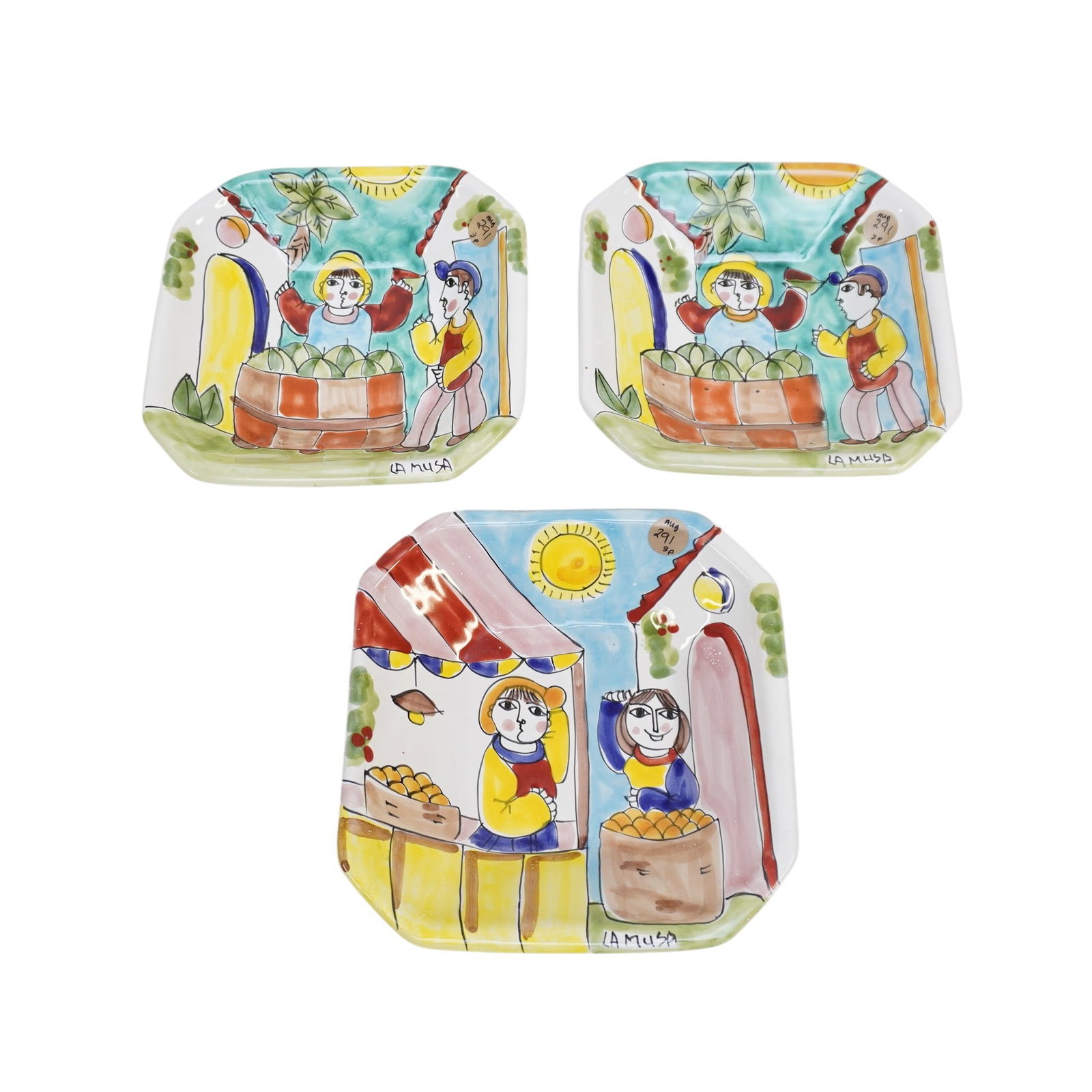 3 HAND PAINTED LA MUSA ITALY DECORATIVE FOLK ART BOWLS: Three (3) Hand Painted La Musa Italy Bowls from Sicily. Painted in a Sicilian Folk Art Style. Each 7 3/4"x7 3/4"x2". Weight combined 4 lbs **In house shipping available on this lot** If you win this l